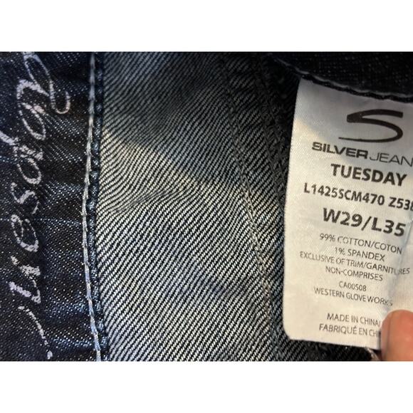 SILVER Jeans Women’s Boot Cut - Labeled 29x35 - Faded Distressed Dark Wash Denim - Picture 9 of 10